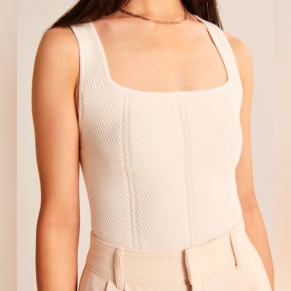 Abercrombie & Fitch Knit Cream Beige Ribbed Cross Back Tank Top - Picture 1 of 3